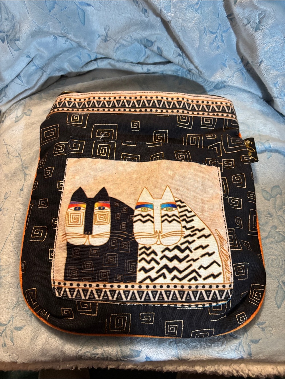 Black Patterned Crossbody Bag with Cat Motif by Laurel Burch